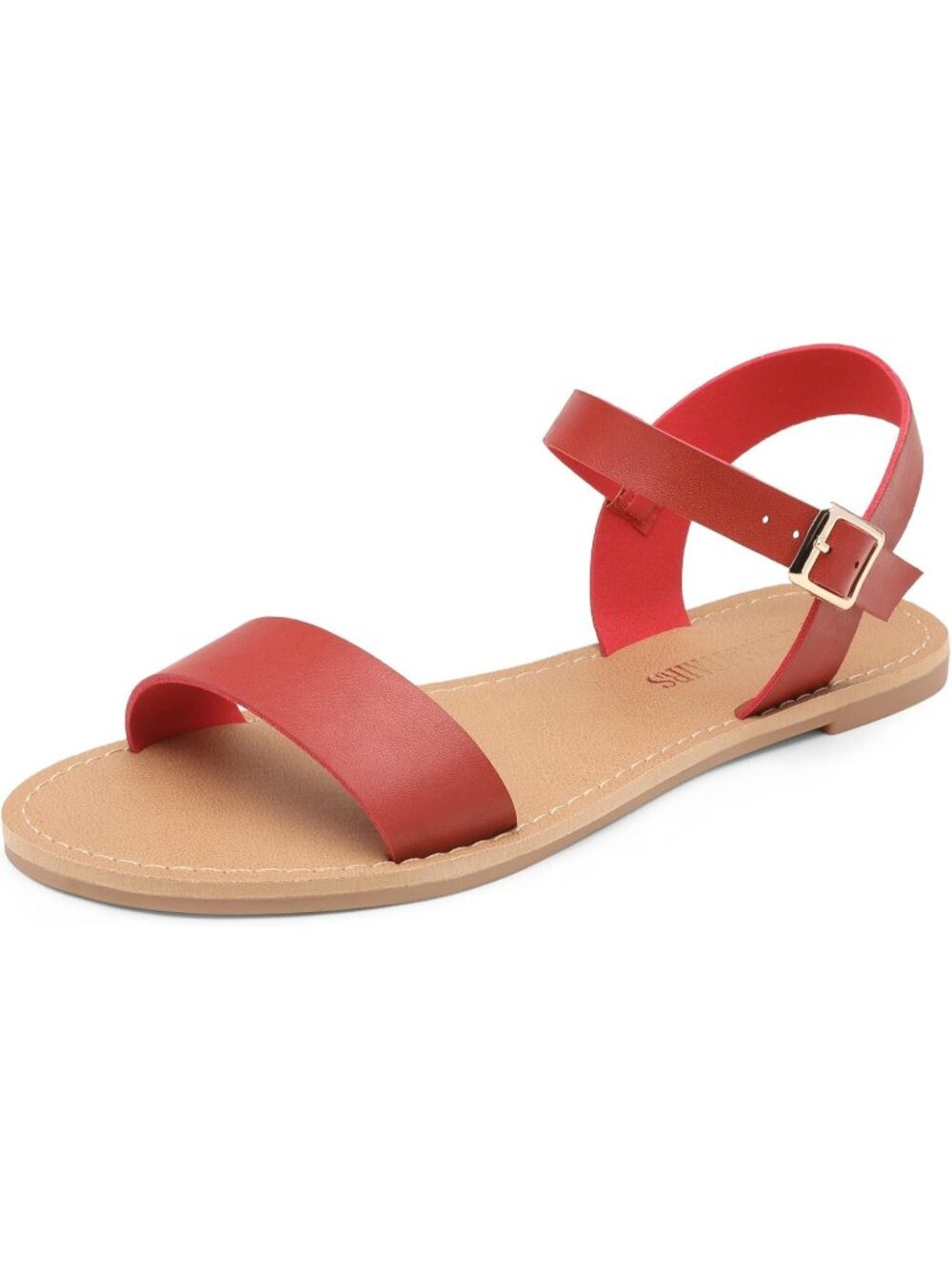 Women Red Flat Sandal Open Toe Ankle Strap Faux Leather Non Slip Shoes